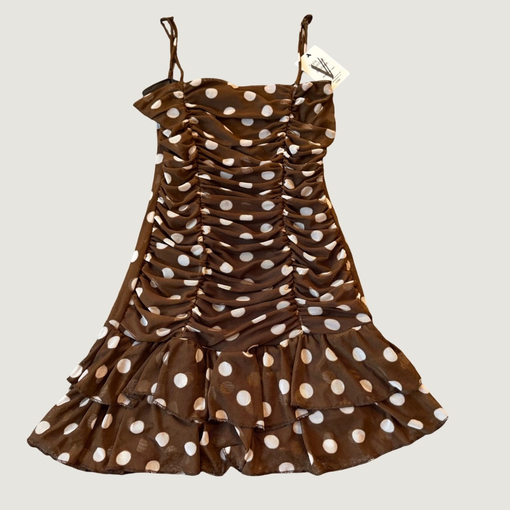 Polka Dot Mini Dress S Ruched Mesh Ruffle Bodycon Brown NEW